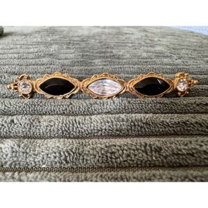 Vintage Style Gold Tone Bar Brooch Pin Faux‎ Black White Gem Elegant Jewelry
